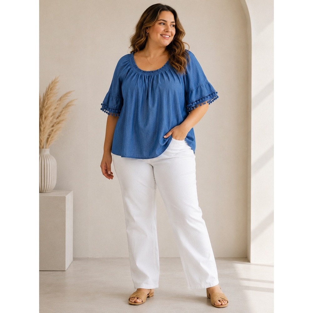 Hester & Orchard Blue Chambray Pom Pom Trim Peasant Top 3X Boho Flutter Sleeve